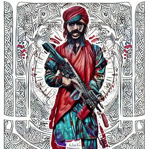 Image similar to taliban anarchy. symmetrical anatomy, very detailed design, complexity of the picture, with pop punk style, colorful, accompanied by body, pure image without duplication, dribble popular, drawn by vinicius gud and gustavo zambelli