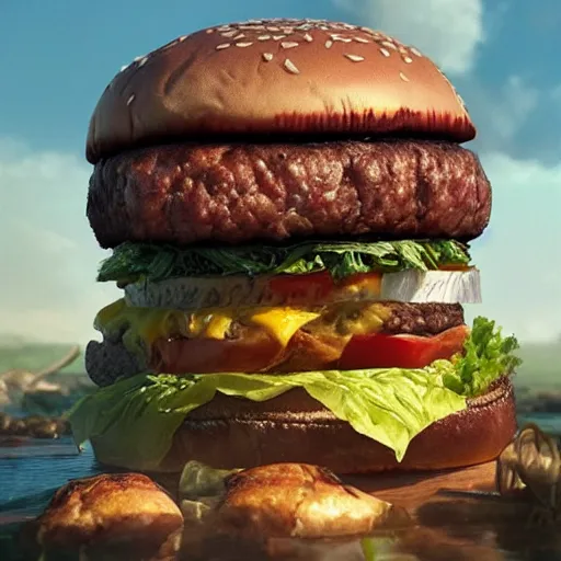 Prompt: delicious jumbo burgers, realistic, 8 k, extremely detailed, cgi, trending on artstation, hyper - realistic render, by greg rutkowski