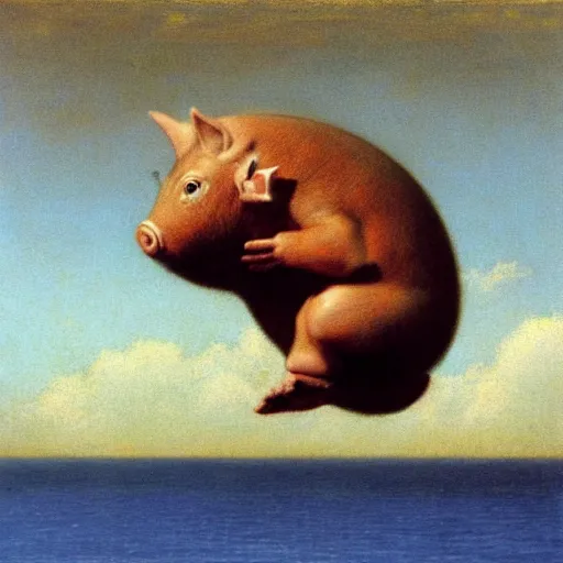 Image similar to Michael Sowa, flying pig