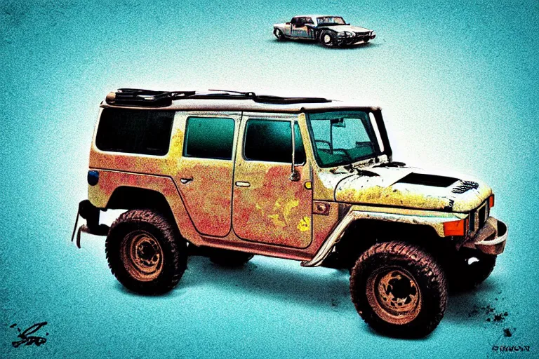 Image similar to digital illustration of a faded cyan mad max's fj 4 0 decrepit!!!! pursuit special, rusty!!! nissan fj cruiser heavily modded 1 9 9 0 s, the last v 8 interceptor by makoto shinkai, ilya kuvshinov, lois van baarle, rossdraws, basquiat