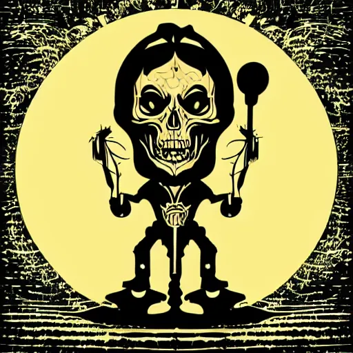 Image similar to dark death metal themed vector illustration of a fantastical menacing ent holding a microphone, skull shaped, award winning, grunge, iconic, golden ratio