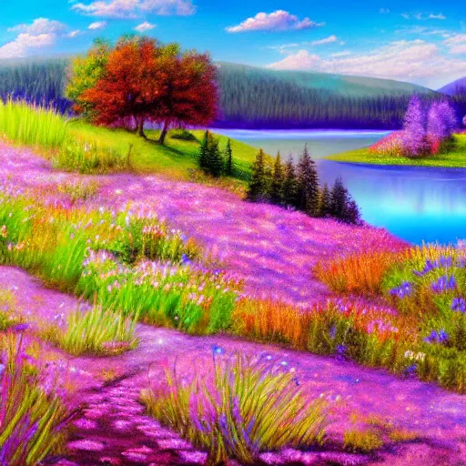 Prompt: meadow with colorful flowers and lake detailed airbrushed magical realism landscape painting 4 k