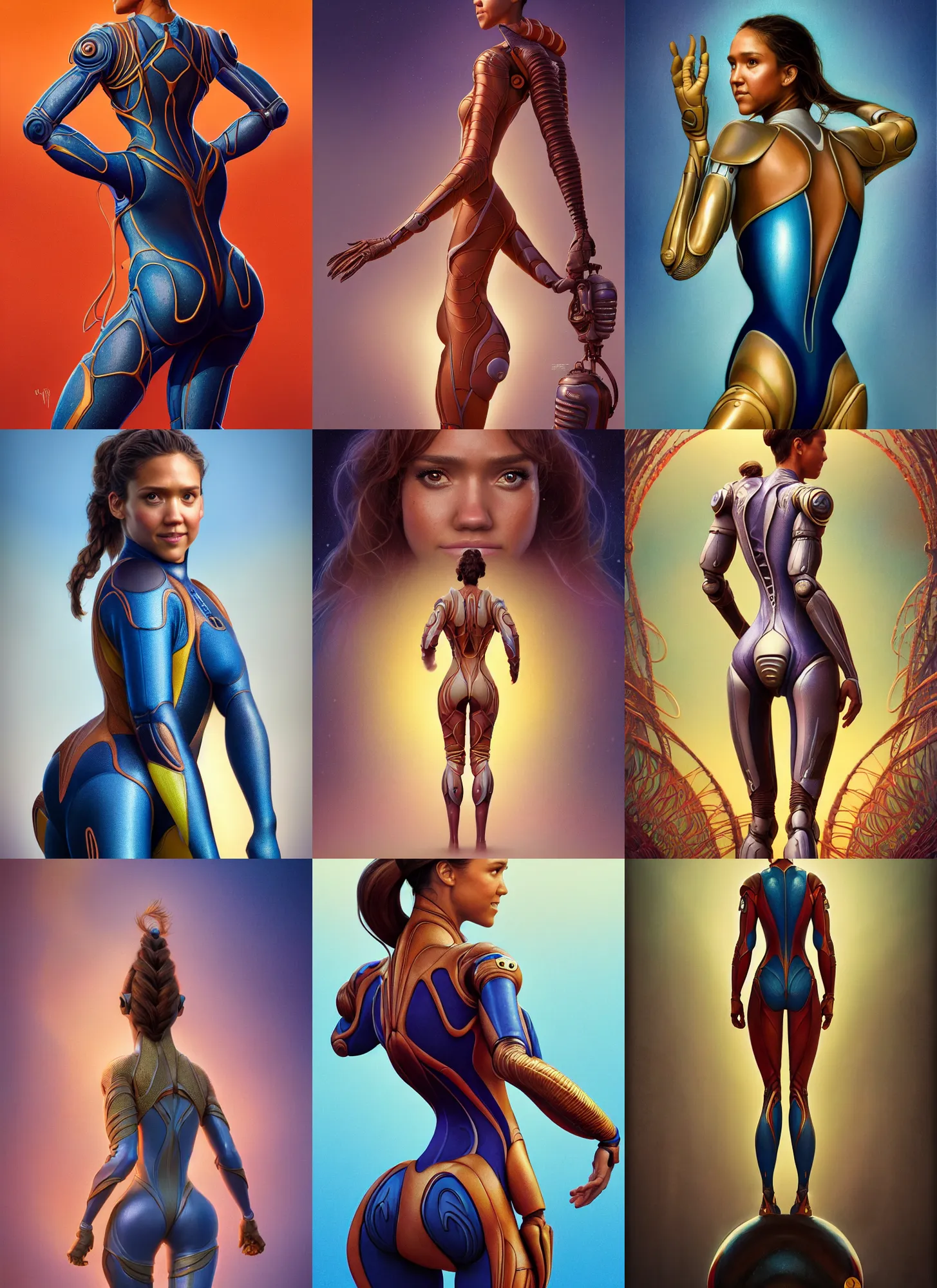 Prompt: disney weta movie poster portrait from behind : : of cyborg jessica alba olympic diver : : octane render, artstation, soft, decadent, polished, by mucha, artgerm, wlop, loish, beeple, monokini spacesuit, illustration, fantasy, soft, smooth, sharp focus, digital painting, hi - fructose, rutkowski