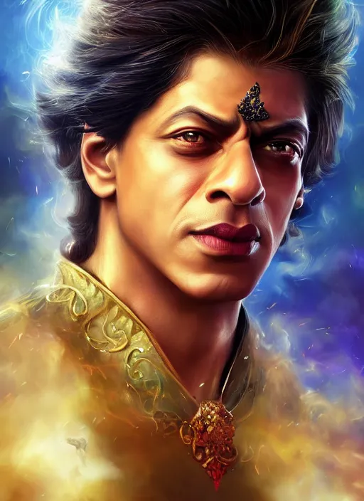 Image similar to Beautiful young shahrukh khan, portrait, fantasy, medieval, vivid colors, fantasy, elegant, concept art, sharp focus, beautiful face, digital art, Hyper-realistic, 4K, Unreal Engine, Highly Detailed, HD, Dramatic Lighting by Brom, trending on Artstation