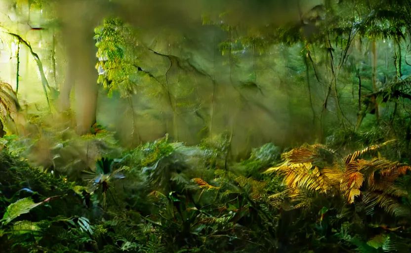 Image similar to a beautiful render of a dark prehistoric cloud forest, lush flora, patches of yellow - orange sky, dark green leaves, intricate detail, god rays, hazy, humid, volumetric lighting, 8 k, photorealistic, raytracing effects, unreal engine 5