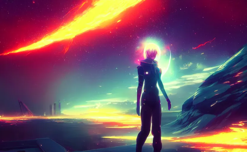 Image similar to anime scene background of futuristic solar-punk tokyo, anime painting, 3d render, hyper realistic, dramatic lighting, the sky is a nebula on fire, 8k hdr pixiv dslr photo by Makoto Shinkai ilya kuvshinov and Wojtek Fus, digital art, concept art,