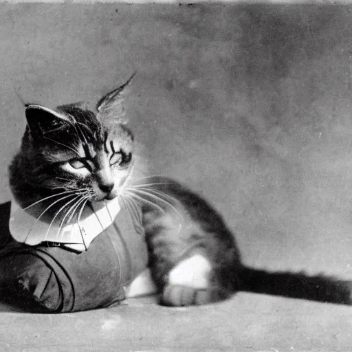 Image similar to standard issued cat in an emergency package in world war I. world war I photography. high resolution. grainy photo. W-1024