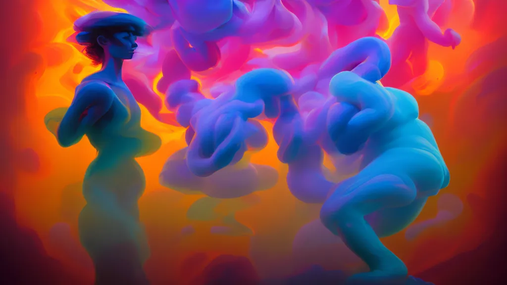 Prompt: thick colorful smoke human figures morphing into each other, by rhads and paul lehr, xf iq 4, f / 1. 4, iso 2 0 0, 1 / 1 6 0 s, 8 k, raw, featured in artstation, octane render, cinematic, elegant, intricate, 8 k