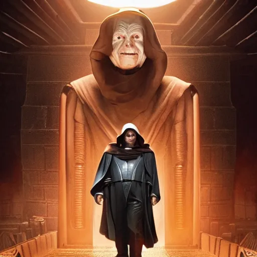 Image similar to elon musk as emperor palpatine as seen in raiders of the lost ark, 8k resolution, full HD, cinematic lighting, award winning, anatomically correct