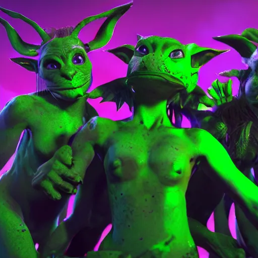 Image similar to goblins partying at a rave, green skin, octane render, 8 k, fantasy