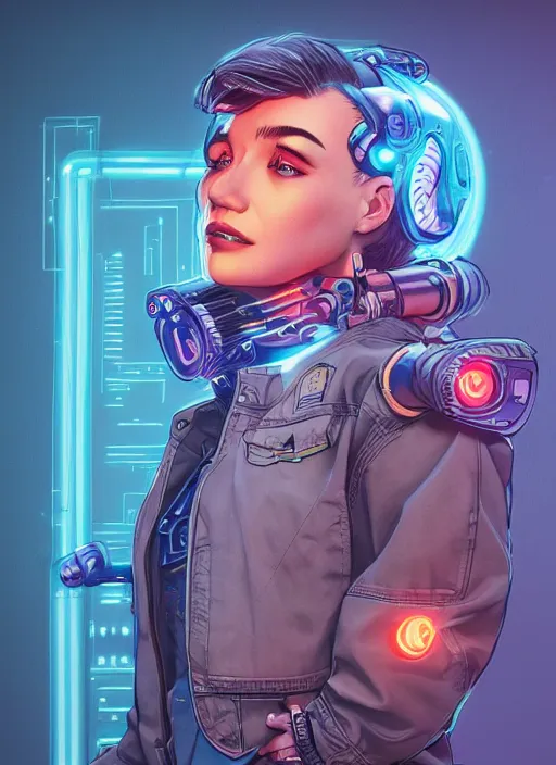 Image similar to portrait of a cyborg humanoid girl with mechanical and electronic element, denim jacket surrounded by neon light, illustrated by Artgerm and Michael Whelan and Laurie Greasley, highly detailed, trending on artstation