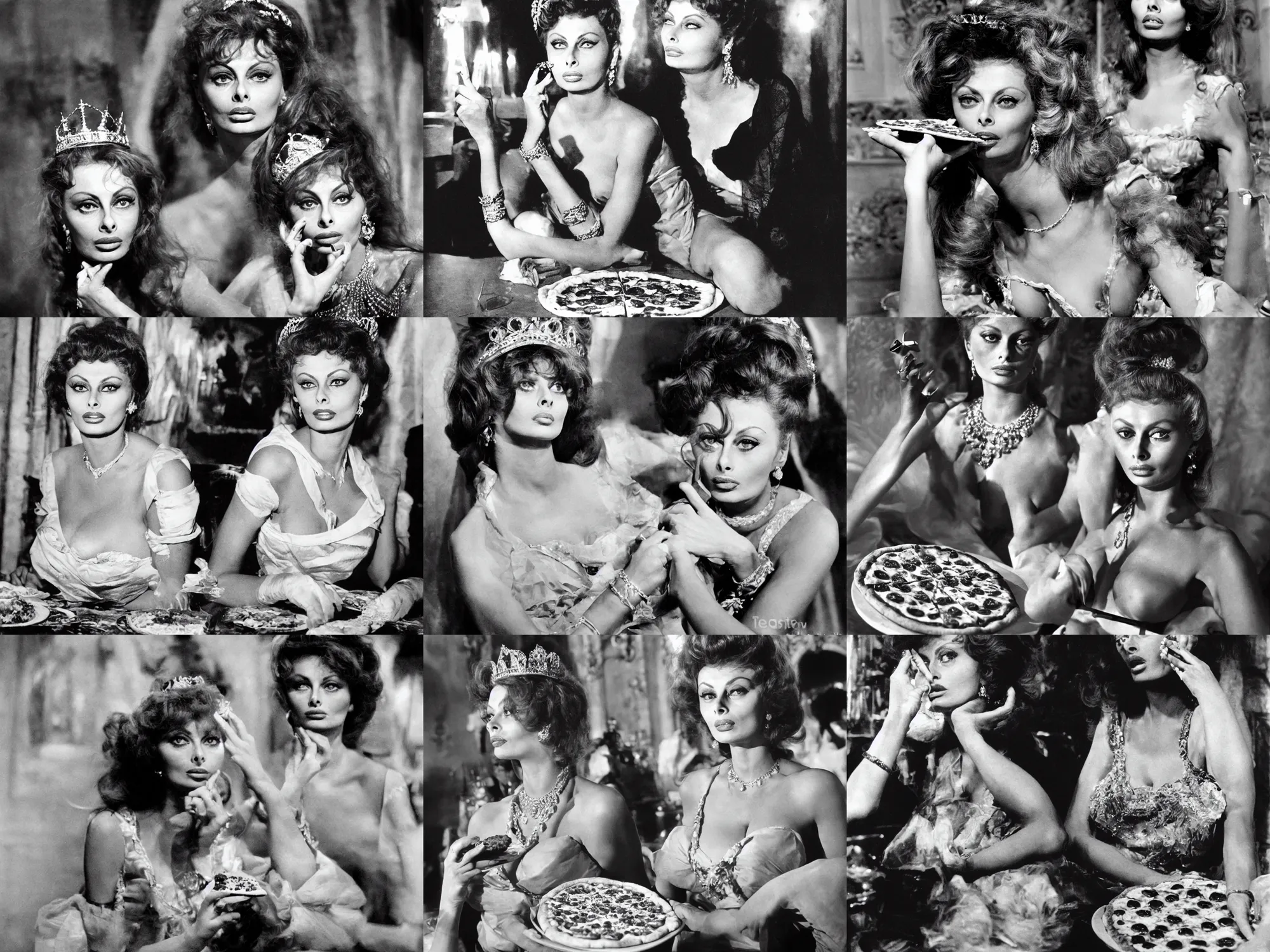 Prompt: sharing a pizza, young sophia loren, movie star, queen margherita of savoy, tiara, smooth lighting, exquisit detail, masterpiece, timeless, 1 8 9 0 historical photo by letizia battaglia