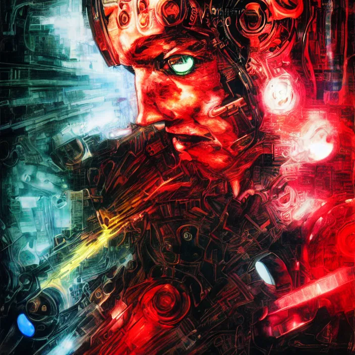 Image similar to cyborg with glowing red eyes, clouds, lasers, painting by greg ruthowski, yoshikata amano, yoji shinkawa, alphonse murac, collaborative artwork, beautifully drawn, heavily detailed