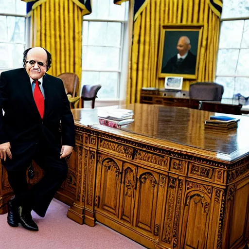 Prompt: portrait of president danny devito!!! sitting in his chair behind the desk in the oval office, annie leibovitz, studio lighting, frank