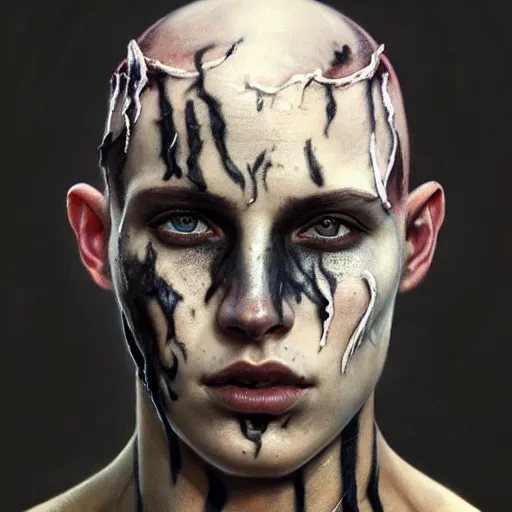 Image similar to portrait painting of young man with burn scars on his face and poorly shaved hair wearing tattered light armor, ultra realistic, concept art, intricate details, eerie, highly detailed, photorealistic, octane render, 8 k, unreal engine. art by artgerm and greg rutkowski and charlie bowater and magali villeneuve and alphonse mucha