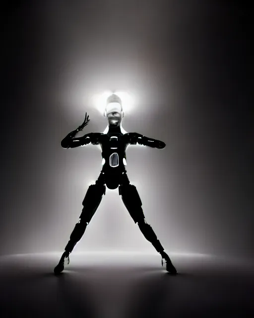 Image similar to black and white high quality photo of a beautiful futuristic dancing female posthuman-cyborg looking into a sci-fi mirror:: volumetric lighting, liminal space, brutalism, foggy, dreamy, hyperdetailed, bokeh, photorealistic, cinematic, masterpiece, Metropolis, elegant, dark, octane render, 8K, in the style of Dora Maar and Man Ray