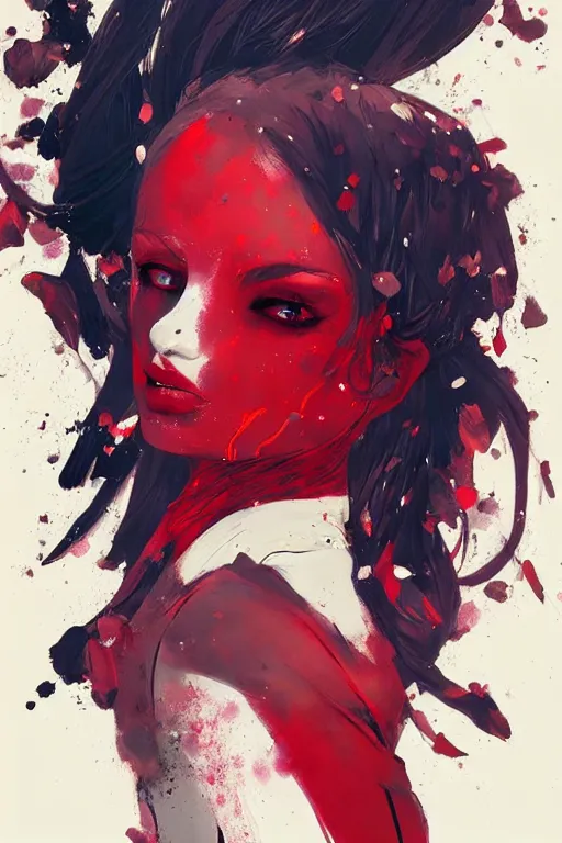 Image similar to a ultradetailed beautiful painting of a stylish female humanoid, by conrad roset, red and black, greg rutkowski and makoto shinkai trending on artstation