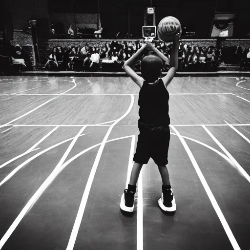 Prompt: a black and white photo of a kid shooting a basketball, medium photography, camera angle from behind