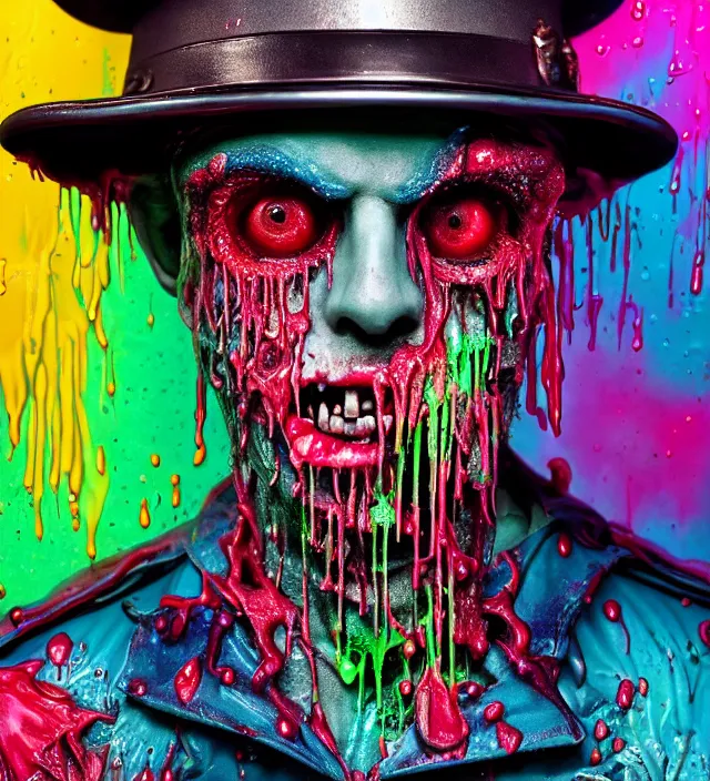 Image similar to beautiful 3 5 mm photograph of a slimy rotting zombie wearing a police uniform and police hat covered in colorful wet goop, dripping with colorful liquid, policeman, cop, biocop, intricate details, dark ambient, service cap, atmospheric, movie poster, poster, horror, elegant, super highly detailed, professional digital photo, artstation, concept art, 8 k