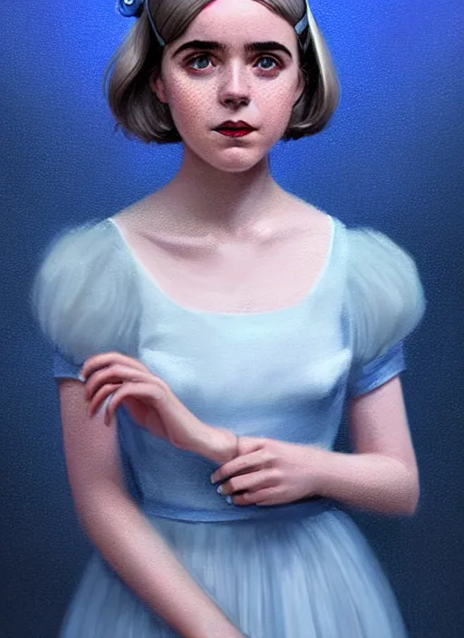 Image similar to portrait of kiernan shipka with freckles, white hair, big 1 9 6 0 s bob hairstyle with bangs and hairband, blue 1 9 6 0 s dress, intricate, elegant, glowing lights, highly detailed, digital painting, artstation, concept art, smooth, sharp focus, illustration, art by wlop, mars ravelo and greg rutkowski