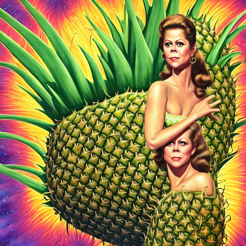 Prompt: a photorealistic detailed image of elizabeth montgomery in a giant pineapple costume, spiritualism, wordly, utopian, triumphant, cinematic, epic, grandiose, unhinged, biology, surrealistic, by jason felix, dan mumford, kinkade, lisa frank, lois van baarle, ross tran, wpa, public works mural, orthodoxy