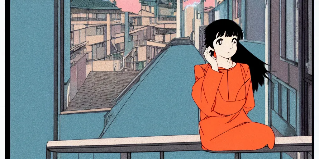 Prompt: woman having a smoke on her balcony in paris, sprite, vaporwave nostalgia, directed by beat takeshi, visual novel cg, 8 0 s anime vibe, kimagure orange road, maison ikkoku, sketch by osamu tezuka, directed by makoto shinkai and beat takeshi