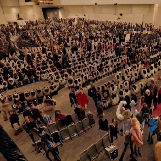 Prompt: a film still of a convention full of furries and fursuiters, directed by andrei tarkovski, cinematic