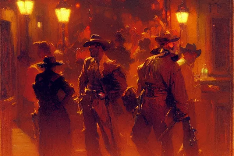 Prompt: western, night, neon light, painting by gaston bussiere, craig mullins, j. c. leyendecker