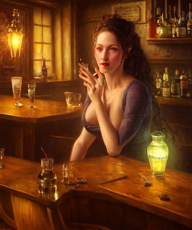 Image similar to hyperrealistic mixed media painting of a beautiful smiling charismatic barmaiden, dimly lit cozy tavern, confident relaxed pose, fantasy, stunning 3d render inspired art by Gerald Brom and Anna Dittmann + perfect facial symmetry + dim volumetric lighting, 8k octane beautifully detailed render, post-processing, extremely hyperdetailed, intricate, epic composition, grim yet sparkling atmosphere, cinematic lighting + masterpiece, trending on artstation, very very detailed, masterpiece, stunning