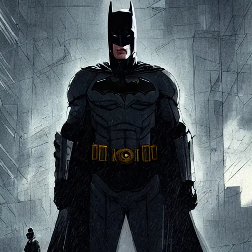 Image similar to Batman wearing techwear, high quality, digital art, dire cyberpunk city, gray sky, greg rutkowski