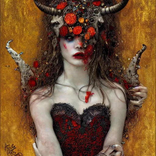 Prompt: horned vampire dreaming, intricate detail, klimt, royo, royo, whealan,