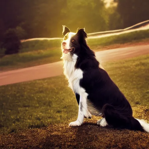 Image similar to Border Collie, splash art, movie still, cinematic lighting, dramatic, octane render, long lens, shallow depth of field, bokeh, anamorphic lens flare, 8k, hyper detailed, 35mm film grain