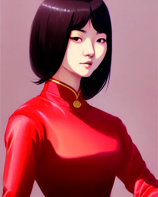 Image similar to a ultradetailed beautiful panting of a asian female wearing red ao dai and futuristic eye google, by ilya kuvshinov, greg rutkowski and makoto shinkai, trending on artstation