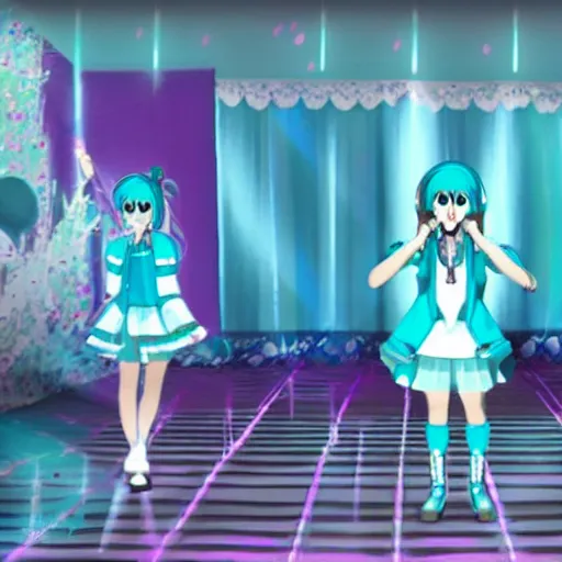 Prompt: a screenshot of Hatsune Miku Singing in Camp Rock, low quality