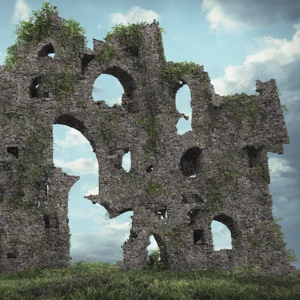 Image similar to looking up at a ruined castle on a small island only reachable by a small land bridge, 8 k, ultra realistic cinematic, intricate, cinematic light, concept art, illustration, art station