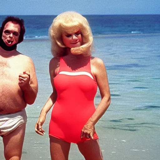 Image similar to 1981 woman on tv show wearing a happy squishy inflatable prosthetic mask, soft color wearing a swimsuit at the beach 1981 color film 16mm holding a an inflatable fish Fellini John Waters Russ Meyer Doris Wishman old photo