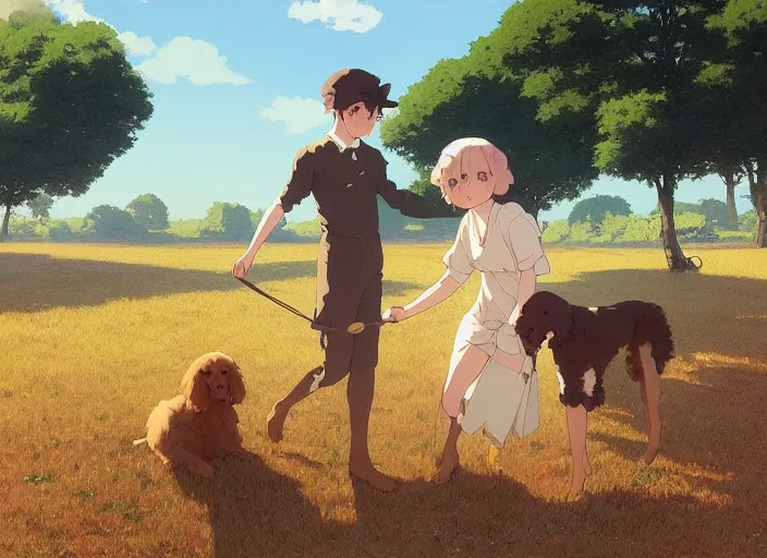 Image similar to france 1 9 2 0's, young adult playing with a goldendoodle dog on a green meadow, golden hour, finely detailed perfect art, gapmoe yandere grimdark, trending on pixiv fanbox, painted by greg rutkowski makoto shinkai takashi takeuchi studio ghibli