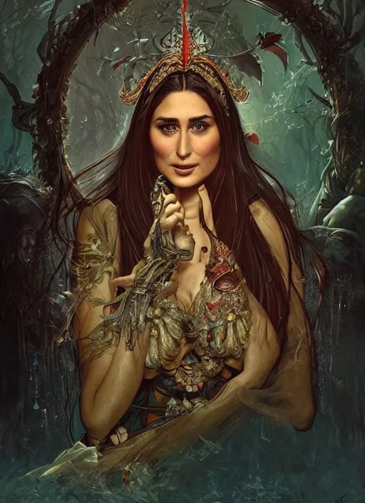 Image similar to beautiful kareena kapoor as baba yaga, fantasy, intricate, elegant, highly detailed, digital painting, artstation, concept art, matte, sharp focus, illustration, art by artgerm and greg rutkowski and alphonse mucha