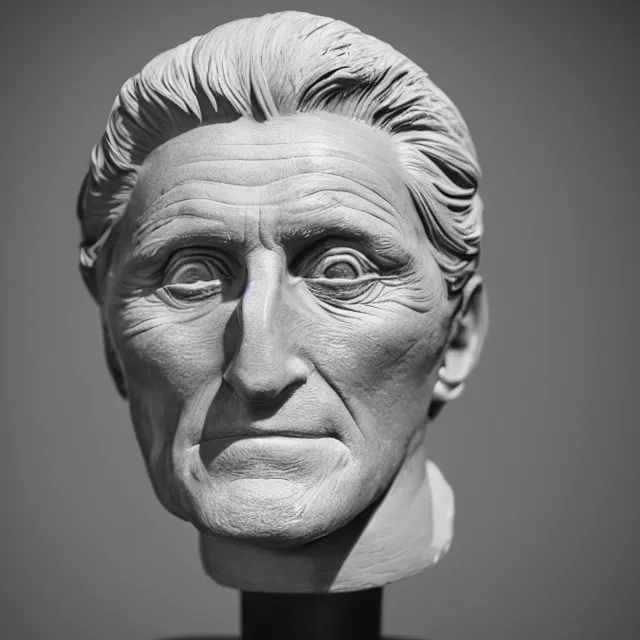 Image similar to photography of a bust of old Kirk Douglas made of clay by Sebastian Kruger and Michelangelo, 50mm, studio atmosphere, 8K, rim light, octane render, ultra-realistic