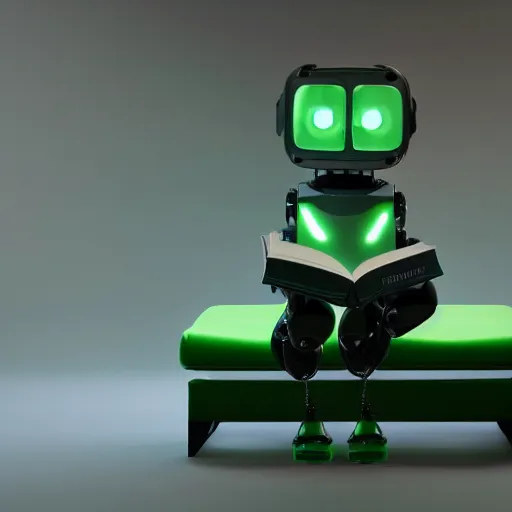 Image similar to futuristic lonely matte dark gray and glossy translucent green full-body humanoid robot with huge expressive comically sad LED eyes and open rectangular mouth sitting on a large comfortable cushioned vintage recliner reading a hardbound leather book. Cinematic Lighting, Cinematic Movie Photograph, Arri Alexa, Extremely Detailed, smooth, very very clean, simple, 8K, octane render, maya render, unreal engine, trending on artstation, DSLR, excellent composition, moody