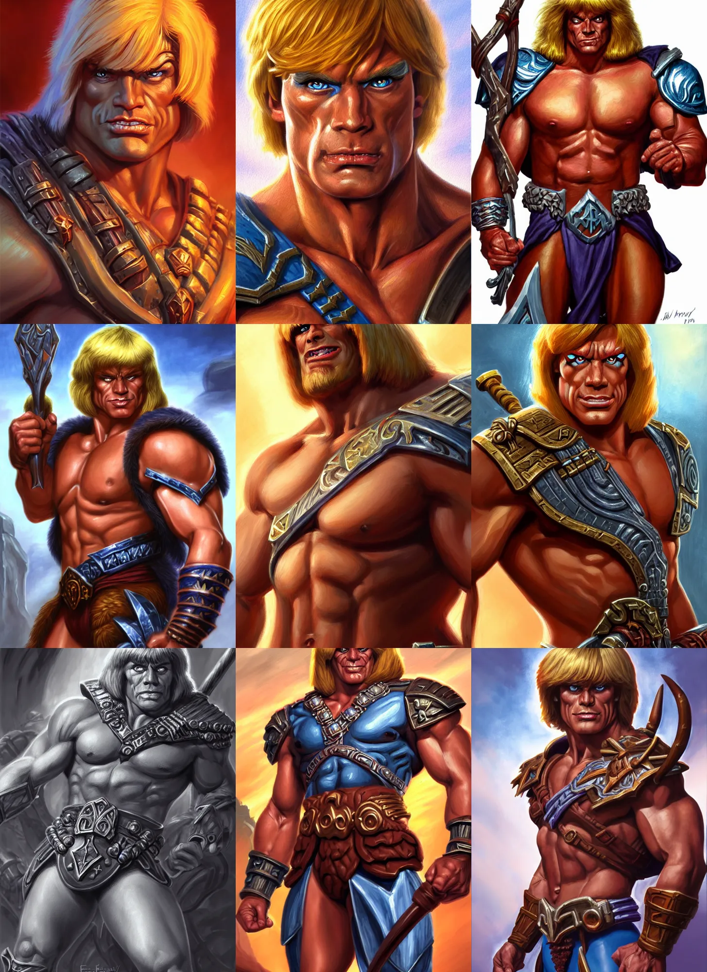 Prompt: he - man, closeup portrait, sci fi, fantasy, intricate, with german iron cross onbare chest, elegant, loin cloth, highly detailed, oill painting, artstation, concept art, matte, sharp focus, illustration, hearthstone, art by earl norem