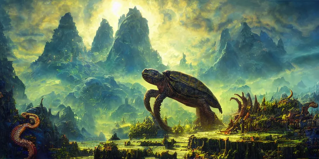 Prompt: fantasy oil painting, great leviathan, cybernetic turtle cephalopod terrapin reptilian pachyderm squid, hybrid, anubis, epic, natural light, lush plants flowers, spectacular mountains, bright clouds, ufo, luminous sky, outer worlds, golden daple lite, craig mullins, michael cheval