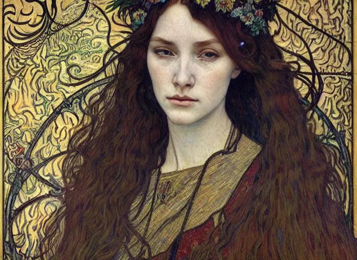 Image similar to detailed realistic beautiful young medieval queen face portrait by jean delville, alphonse mucha, vincent van gogh, and marco mazzoni, art nouveau, symbolist, visionary, gothic, pre - raphaelite