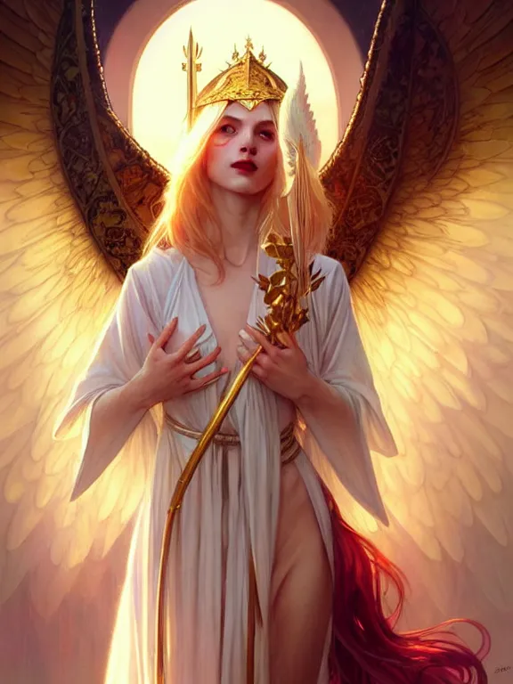 Prompt: priestess with angelical wings, golden hair, fluorescent eyes, white skin, lipstick, beautiful, goodness, pure, high fantasy, illustration, by artgerm, greg rutkowski, alphonse mucha