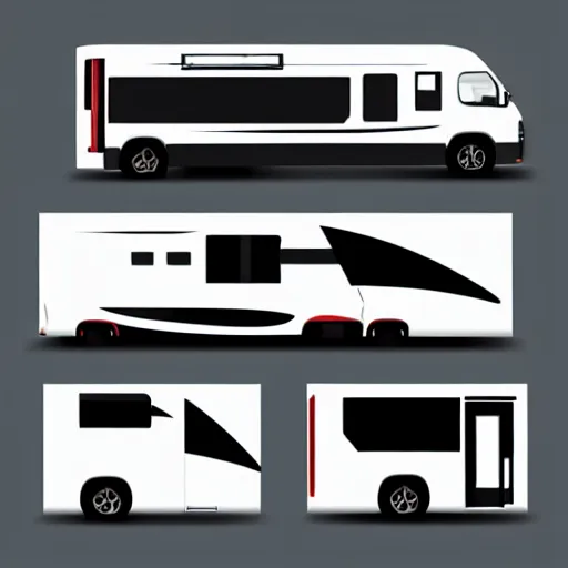 Image similar to very very very stylized minimal vector graphic of a thor chateau motorhome, mountains, highway and sunset!!, white background, dramatic, professional minimal simplified graphic design cartoon, 3 colors!!