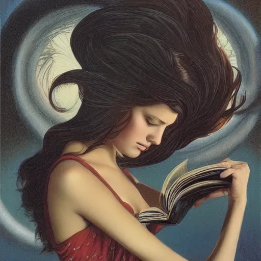Image similar to a girl reading book, hair flowing down, by Gerald Brom