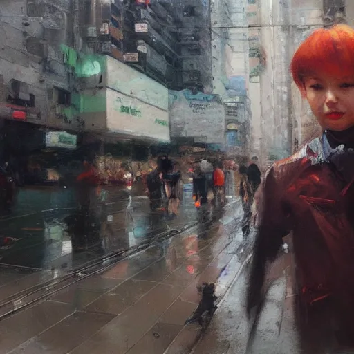 Image similar to portrait of the chilean redhead vespa fan in hong kong, oil on canvas by ruan jia and yoshitaka amano