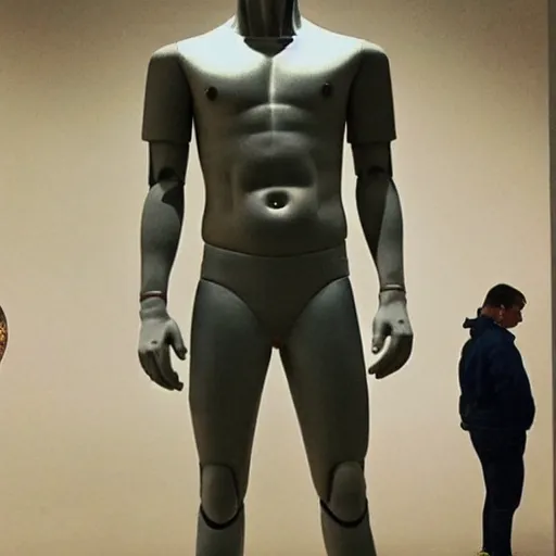 Image similar to “ a realistic detailed photo of a guy who is an attractive humanoid who is half robot and half humanoid, who is a male android, soccer player antoine griezmann, shiny skin, posing like a statue, blank stare, at the museum, on display ”