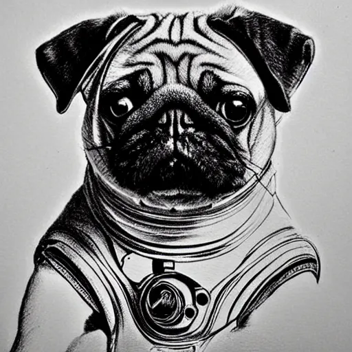 Image similar to pencil art, golden - ratio, spirals, highly detailed, astronaut pug in outer space by davinci.