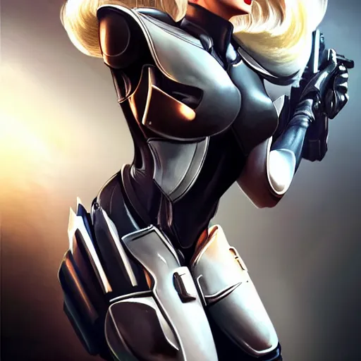 Image similar to A combination of Grace Kelly's and Ada Wong's and Ashley Greene's appearances with blonde hair wearing Interceptor's armor from Anthem, high tech, action shot, angular, full body portrait, futuristic, dramatic, fantasy, intricate, elegant, highly detailed, artstation, matte, sharp focus, 8K, art by Artgerm and Greg Rutkowski and Alphonse Mucha